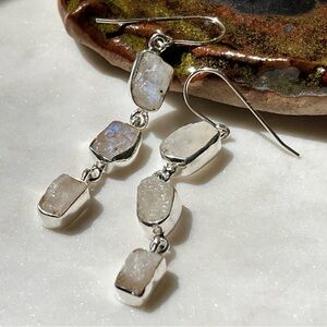 Sterling Silver Raw White Moonstone Boho Bridal Drop Earrings